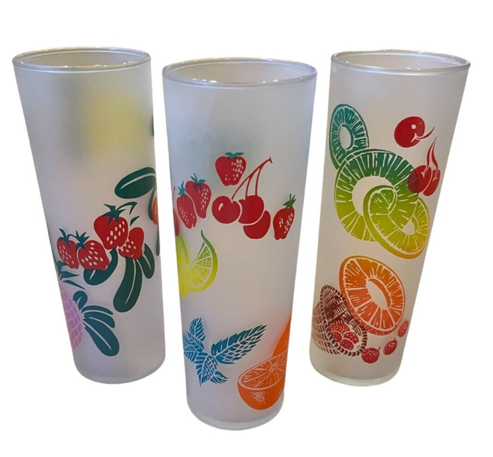 3 Vntg Tom Collins Tall Frosted Fruit Print Federal Drink Glasses Barware MCM